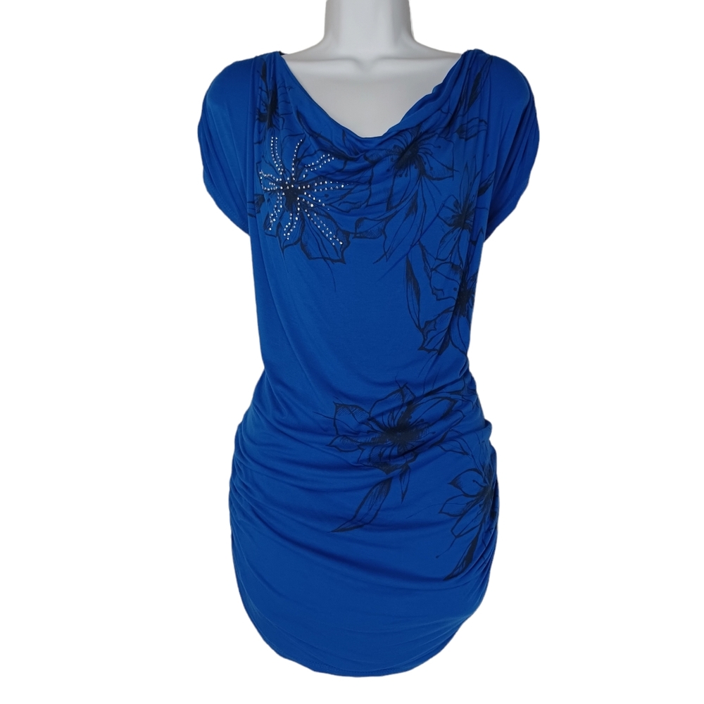 ZENOBIA Royal Blue Black Floral Rhinestone Ruched Short Sleeve Top Large